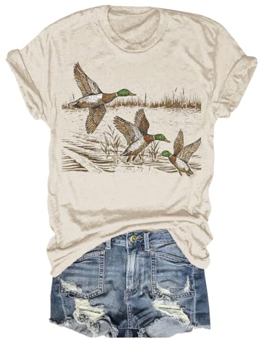 Beopjesk Womens Retro Duck Nature Printed T-Shirt Funny 90s Vintage Wildlife Graphic Tees Tops(26-Duck-Beige L)