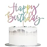 Auteby Rainbow Happy Birthday Cake Topper, Glitter Birthday Party Decoration Supplies