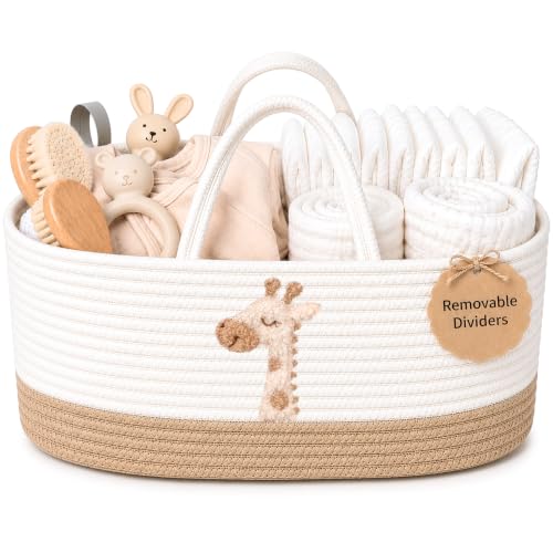 Image of Baby Diaper Caddy Organizer - Giraffe Safari Nursery Storage Rope Basket | Spacious diaper caddy organizer with 3 compartments for 30+ diapers, wipes, creams, bottles and burp cloths