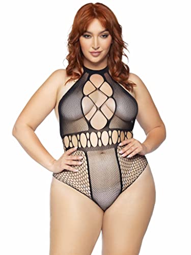 Leg Avenue Seamless Multi Net Bodysuit with T-Strap Halter and Cheeky Cut Bottom. Body, Noir, 1X/2X Femme