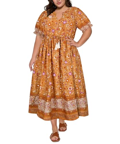 RITERA Plus Size Midi Dress for Women 2025 Casual V NeckShort Sleeve Ruffle Flowy Boho Drawstring Tassel Waist XL-5XL