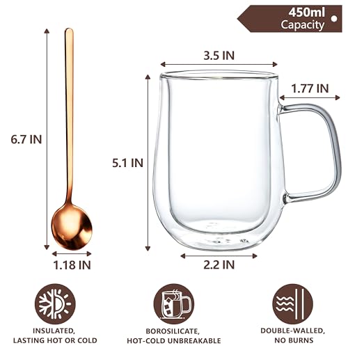 Double Walled Glass Coffee Mugs 16 OZ, Borosilicate Glass Coffee Cups Set of 2 with Spoons, Insulated Clear Coffee Mug for Hot Beverages, Cappuccino, Latte, Tea Bag.