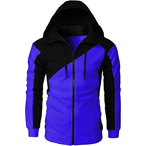 Maiyifu-GJ Men's Fleece Hoodies Full Zip Lightweight Color Block Hoodie Long Sleeve Zip-up Hooded Sweatshirt With Pocket (Blue,Large)