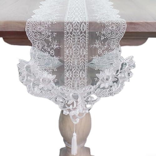 Niceminiwall Camino de mesa de encaje blanco de 30 x 275 cm, camino de mesa vintage elegante de flores con borlas de ganchillo para cocina, comedor, decoración de fiestas de vacaciones