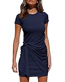 BTFBM Women 2025 Spring Casual Short Sleeve Ruched Bodycon Tank T Shirt Dress Tie Waist Sun Beach Summer Mini Dresses(Short Sleeve Navy, Large)