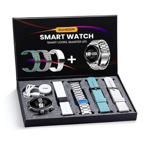 Image of GameSir H20 Silver Dial Smart Watch Combo 1.49 inch AMOLED Display with 4 Straps, Bluetooth Calling, IP67, Crown Control, 100+ Sports Modes, SPO₂ & Health Tracking, for Men & Women (Silver Dial)
