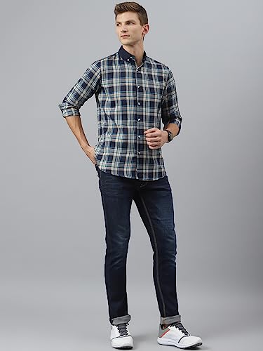 Image of Thomas Scott Mens Checkered Slim Fit Casual Shirt with Button Down and Long Sleeve (TS1048 Space Blue XL)