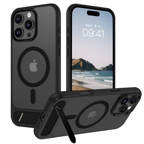 GUAGUA Cover Magnetico per iPhone 16 Pro con Cavalletto Custodia Sottile Anticaduta Antiurta, Protettivo Case per iPhone 16 Pro con Supporto Staffa, Glassato Traslucido, Nero