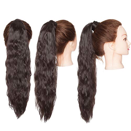 SEGO Wavy Wrap Around Ponytail Hair Extensions with Hair Pocket Long Corn Wave Kinky Curly Pony Tails Hair Extensions Magic Paste Synthetic Yaki Ponytail For Girl Lady Women 20 Inch Dark Brown 90g