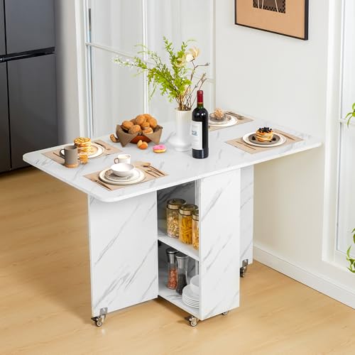 UPHYB Folding Dining Table, Versatile Drop Leaf Dining Table with Lockable Wheels and Storage, Space Saving Extendable Dinner Table with Drawer, Kitchen Table for Small Spaces - Thumbnail 7
