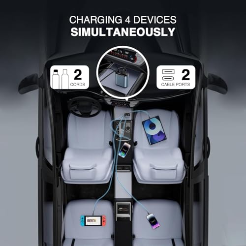 Image of Prolet 120W 4 in 1 Car Charger with 2 Retractable Cable (Type C & iPhone), 1 USB & 1 Type C Port- Universal Car Charger Compatible with All Android & iPhone Series 17 /16 / 15 /14 / 13 /12 / 11