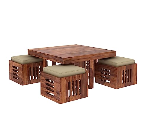 Image of Craft D Arts Sheesham Wood Coffee Table with 4 Stools - Small Brown Wooden Center Table for Living Room (Provincial Teak)