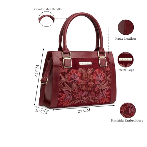 Image of Caprese Siji Tresna Small Tote Bag for Women with Multiple Pockets | Kashida Embroidery Shoulder Bag with Adjustable & Detachable Strap and Zipper Closure | Ideal for Work, Everyday Outings