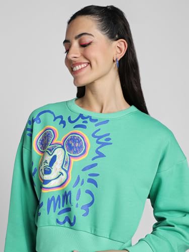 Image of JUNEBERRY Cotton Poly Fleece Official Disney Merchandise Regular Fit Orange & Green Mickey Mouse See Ya Real Soon Graphic Print Full Sleeve Sweatshirt for Women