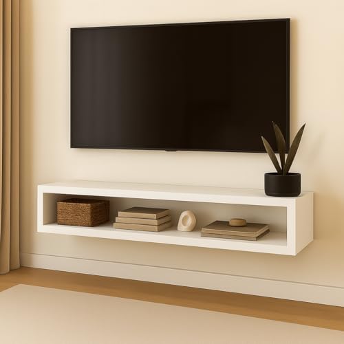 Image of Solid Wood Entertainment Floating Tv Unit for Living Room | Floating Media Tv Cabinet | Natural Finish Color and Size Off (White, Large 115 CM)