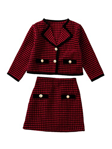 WDIRARA Girl's 2 Piece Houndstooth Outfits Tweed Jacket and Skirt Set Tea Party Suits