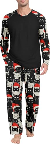 PrinStory Men's Pajama Set Sleepwear Pjs Lightweight Long Sleeve Crewneck Shirts and Bottoms Soft Comfy Sleep Sets White Red Hat Cat M