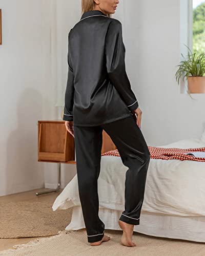 Yimanie Womens Pajamas Silk Satin Pajama Sets For Women Soft Button Down Womens Loungewear Set With Pockets Black #TOP2