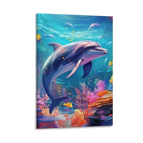 Tableau dauphins décoration murale moderne toile marine 50x75 cm