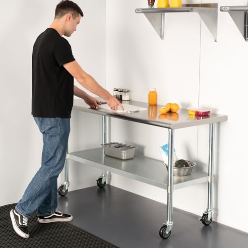 Image of HARDURA Stainless Steel Table with Wheels 24 x 72 Inches Casters NSF Heavy Duty Commercial Work & Prep Table with Undershelf and Galvanized Legs for Restaurant Kitchen Bar and Hotel Garage