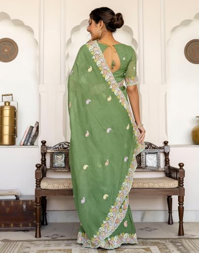 Image of SIRIL Women's Shimmer Chiffon Sequence Embroidery Saree With Unstitched Blouse Piece for Wedding and Parties