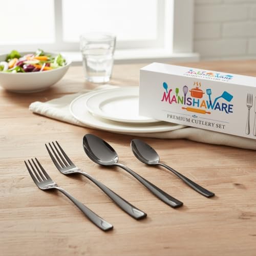 Image of Classic Black 4 Pcs Stainless Steel Cutlery Set for Dining Table, Dishwasher Safe Glossy Flatware (Perfect Spoon Fork Set)