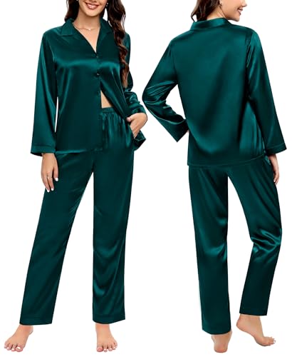 SWOMOG Couples Matching Pajamas Silk Satin Long Sleeve Button Down Sleepwear 2 Pcs Loungewear Mens & Womens Family PJs Set2