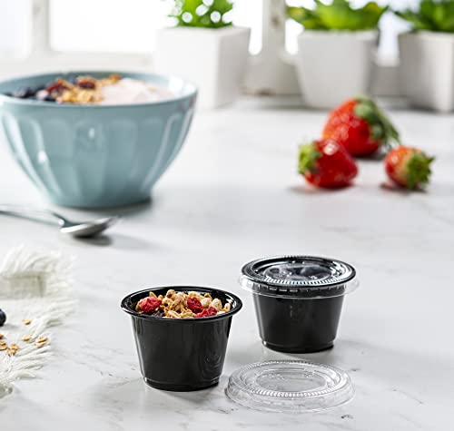 Image of {2.5 oz - 100 Sets} Black Diposable Plastic Portion Cups With Lids, Small Mini Containers For Portion Controll, Jello Shots, Meal Prep, Sauce Cups, Slime, Condiments, Medicine, Dressings, Crafts,