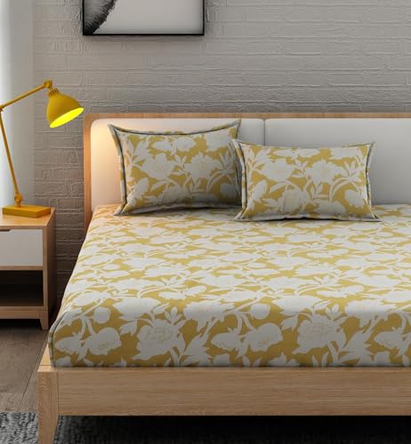 Image of 350 TC Premium Heavy Cotton Feel Elastic Fitted Bedsheet King Size with 2 Pillow Covers || Double Bed with All Around Elastic (Yellow, Fitted - 72 inchx78 inch King)