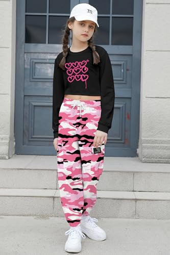 Betusline Girls 2 Piece Outfit Set, Long Sleeve Crop Top & Cargo Jogger Pants Trendy Casual Clothes, Girl Clothes Set，4T-14Y2
