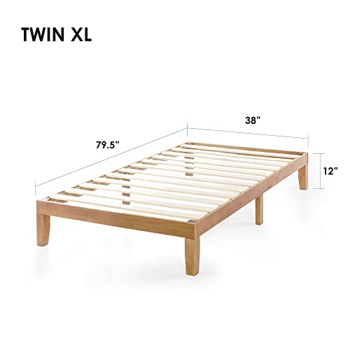 Mellow Naturalista Classic 12 Inch Solid Wood Platform Bed with Wooden Slats, Twin XL, Natural Pine