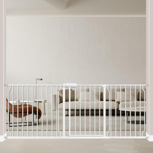 Image of ALLAIBB Extra Wide Pressure Mounted Baby Gate Walk Through Child Kids Safety Toddler Tension White Long Large Pet Dog Gates with Extension for doorways Kitchen (76.38 inch-81.10 inch /194-206cm)