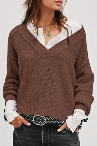 UNCLECAT Women's V Neck Sweaters 2025 Long Sleeve Fall Sweaters Casual Knit Trendy Pullover Tops3