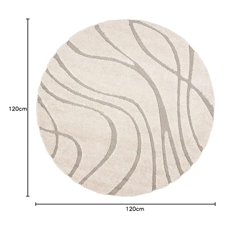 Image of Geometric Wave Round Shaggy Carpet for Living Room, Bedroom, High Low Design Finish Microfiber 1.8 Inch Pile High, 4x4 Feet Ivory|Beige Color