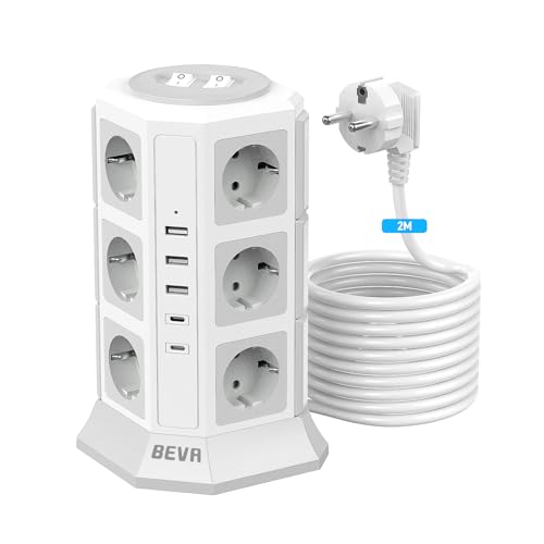 BEVA 12 Prises Tour Multiprise Parafoudre avec 2 USB-C (15W)+3 USB-A +Câble 2M,2500W/10A Prise Multi de avec 2 Interrupteur, Multiprise Electrique Protection...