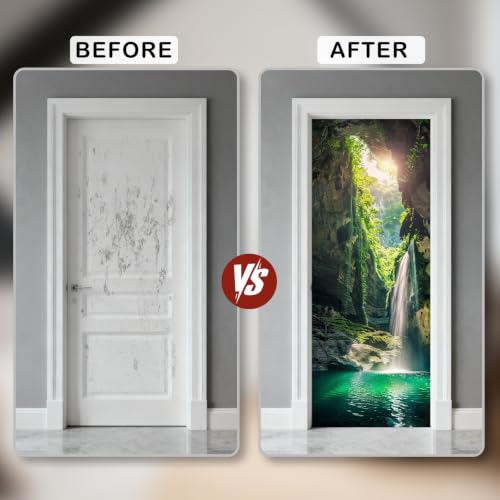 Image of Nuxovilar Oasis Cave Door Stickers Peel Stick PVC 30.3x78.7 Inches | Door Stickers Wall Decals Peel Stick Cover Vinyl Art Poster Bathroom Cabin Cottage (Waterfall Oasis)