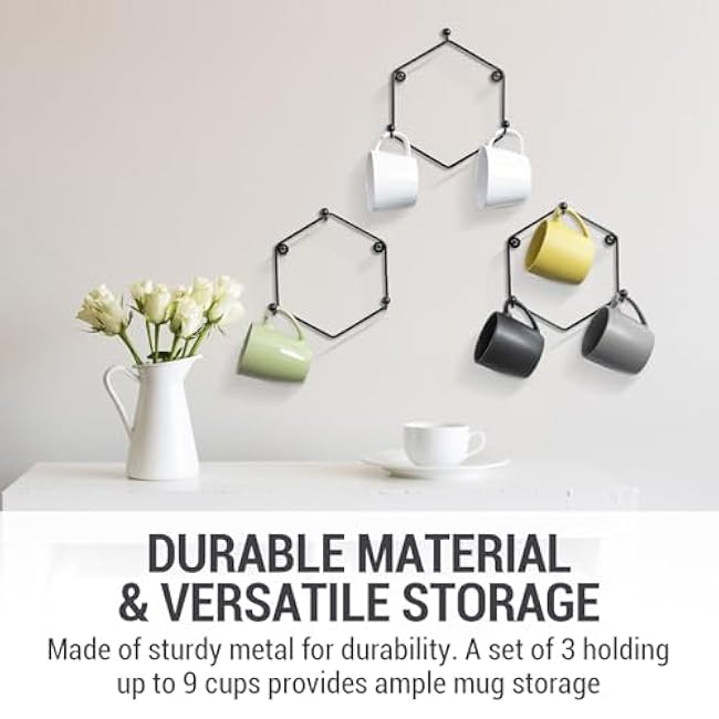 MyGift Modern Wall Mounted Mug Holder Coffee Mug Racks, Geometric Black Metal 9 Cup Rack Holder, Set of 3