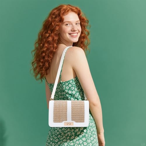 Image of FALETO Straw Crossbody Bags for Women Summer Leather Stitching Straw Flap Bag Handbag Shoulder Clutch Purse