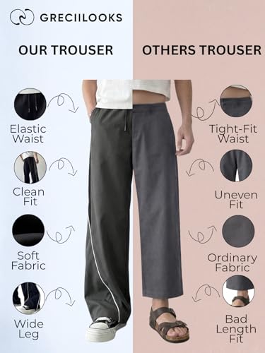 Image of GRECIILOOKS Track Pants for Men Baggy Wide Leg Korean Streetwear Trousers | Relaxed Fit Baggy Pants for Men with Drawstring Waist | Casual Oversized Lower for Travel, College & Everyday Wear