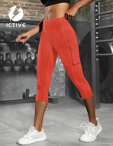 Fihapyli ICTIVE Women's Capris Yoga Pants with Pockets Running Pilates Fitness Running High Waisted Leggings Coral S — view 4