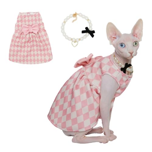 Sphynx Cat Pink Sleeveless Bow Dress with Pearl Necklace Set,