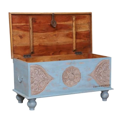 Image of Devin Wooden Trunk Box for Storage | Solid Wood Coffee Table for Living Room | Center Coffee Table with Storage | Front Wooden Carved Sandook Pitara for Home Decor & Bedroom (Blue Distress)