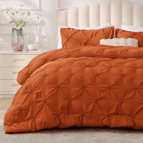 Image of BEDELITE Queen Comforter Set Burnt Orange,Lightweight & Soft Comforter | Pintuck Boho Bedding, Warm & Cute Bed Set for All Season,With 2 Pillowcases