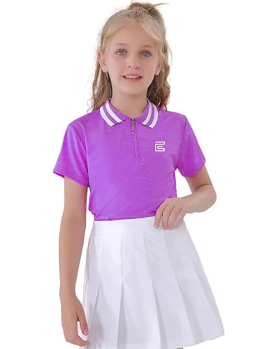 EXARUS Girls' Golf Tennis Polo Short Sleeve Shirts Kids 1/4 Zip Athletic Workout Quick Dry Golf Clothes UPF 50+ T-Shirts Purple 8 Years