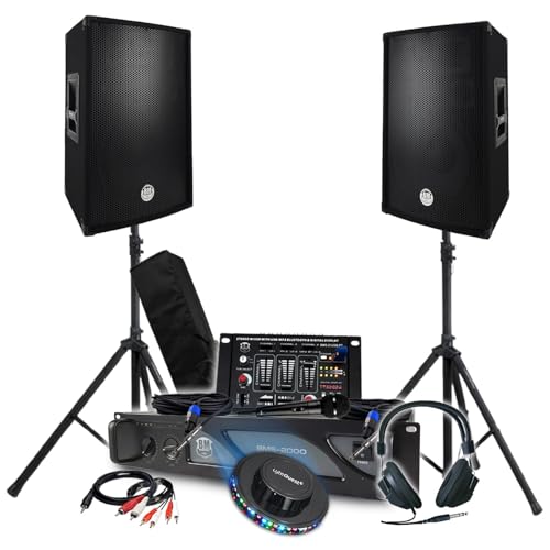Pack Sono DJ 3200W Total Complet Ampli Enceintes, Table de Mixage, Pieds, Casque Câbles Micro, LED, Soirée Bar Salle des fêtes