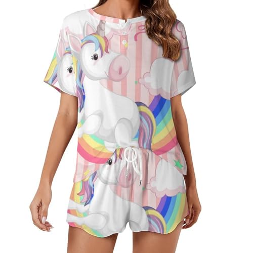 Pyjama licorne femme ensemble d'été short et manches courtes Arc-en-Ciel