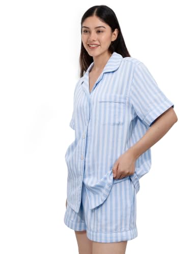 Image of Womens Muslin Pajama Sets 100% Cotton Double Gauze Linen Like Short Pjs | Breathable Soft Comfort Button Up Loungewear Sleepwear PJ Set