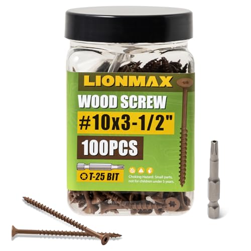 Image of LIONMAX Wood Screws 3-1 /2 Inch, Deck Screws #10 x 3-1 /2 inch, 100 PCS, Rust Resistant, Epoxy Coated, Exterior Wood Screw, Outdoor Decking Screws, Torx /Star Drive Head, T25 Star Bit Included, Brown