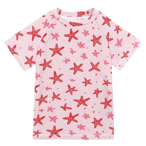 ALAZA Kids Rash Guard Girls Toddler Swim Shirts Short Sleeve Red Starfish UPF 50+ 3T