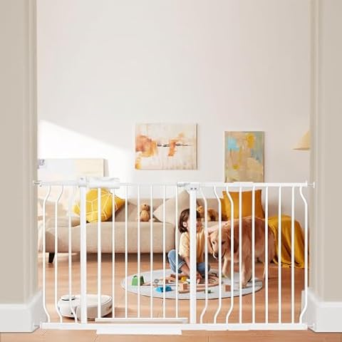 HOOOEN Extra Wide Baby Gate Extra Tall Dog Gate for Stairs Doorways White Metal Tension Child Pet Safety Gates with Pressure Mount 53-57.5 Inch Cover